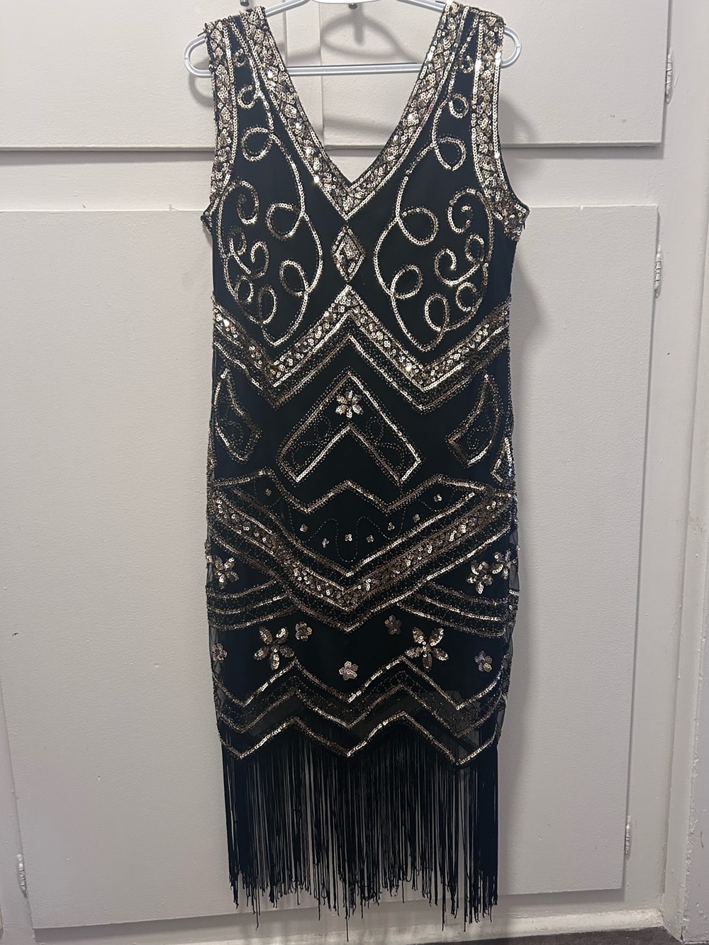 Black Beaded Fringe V-Neck Evening Dress